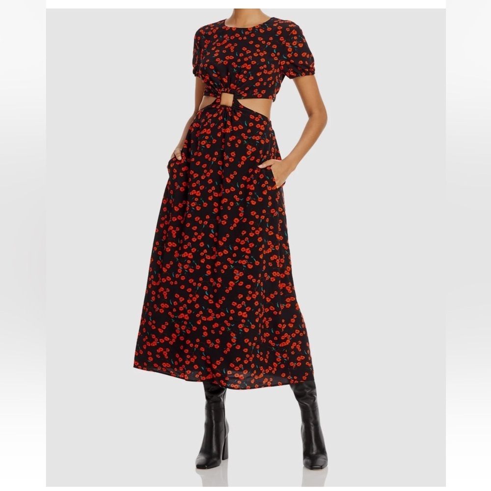 STAUD Calypso Floral Cut Out Short Sleeve Midi Length Dress Size M
